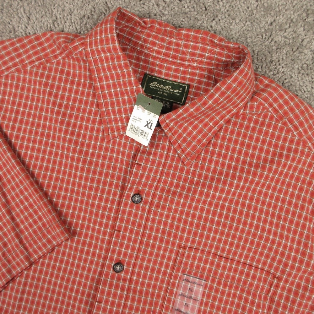 Eddie Bauer Shirt Mens XL Orange Plaid Cotton Short Sleeve Pocket Button Up NEW